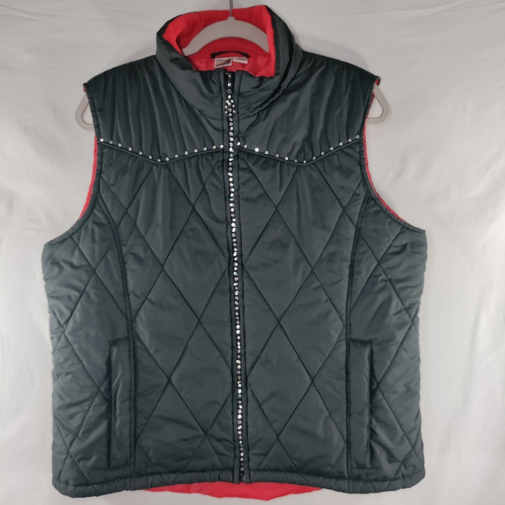 Cowgirl Up Puffer Vest Womens XL Black Red Quilted Rhinestones Zipper Pockets